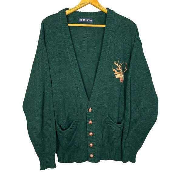 Vintage Other - Vintage Forest Green Embroidered Cardigan 90s Woodland Deer Aesthetic Grandpa